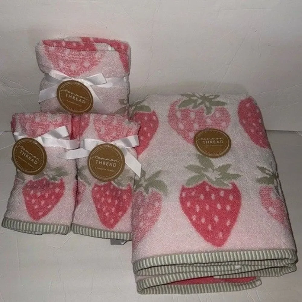 Common Thread 8 Piece Super Soft Bath Towel Set Pink Strawberry Pink White Green